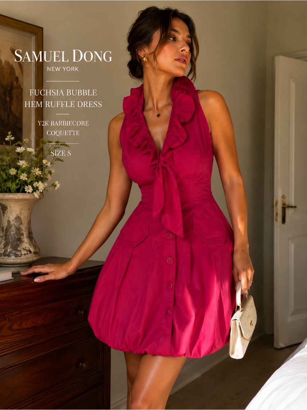 🇺🇸Samuel Dong Fuchsia Bubble Hem Ruffle Dress - Size S |Y2K Barbiecore Coquette